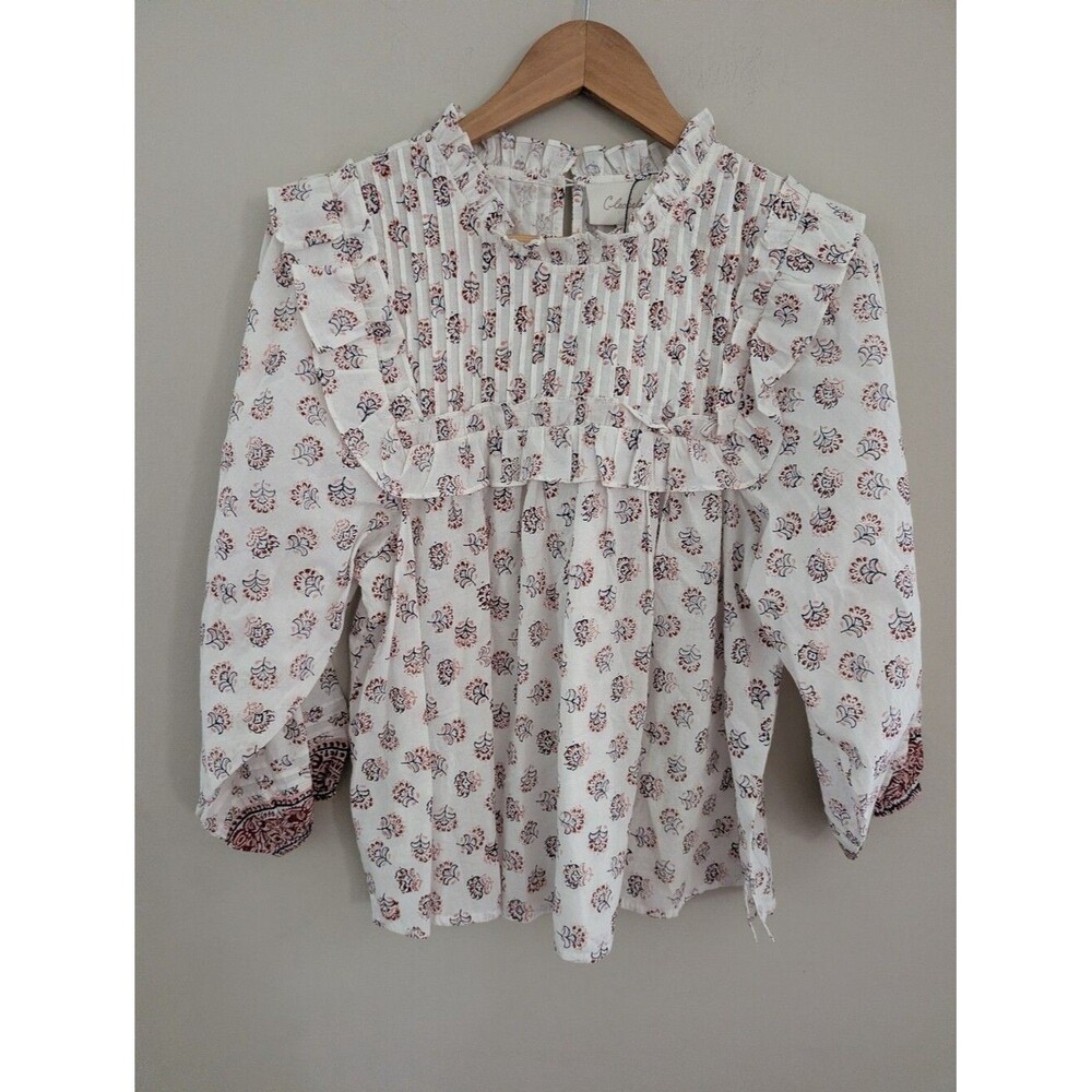 Cleobella White Floral Blockprint Ruffle Blouse Size S